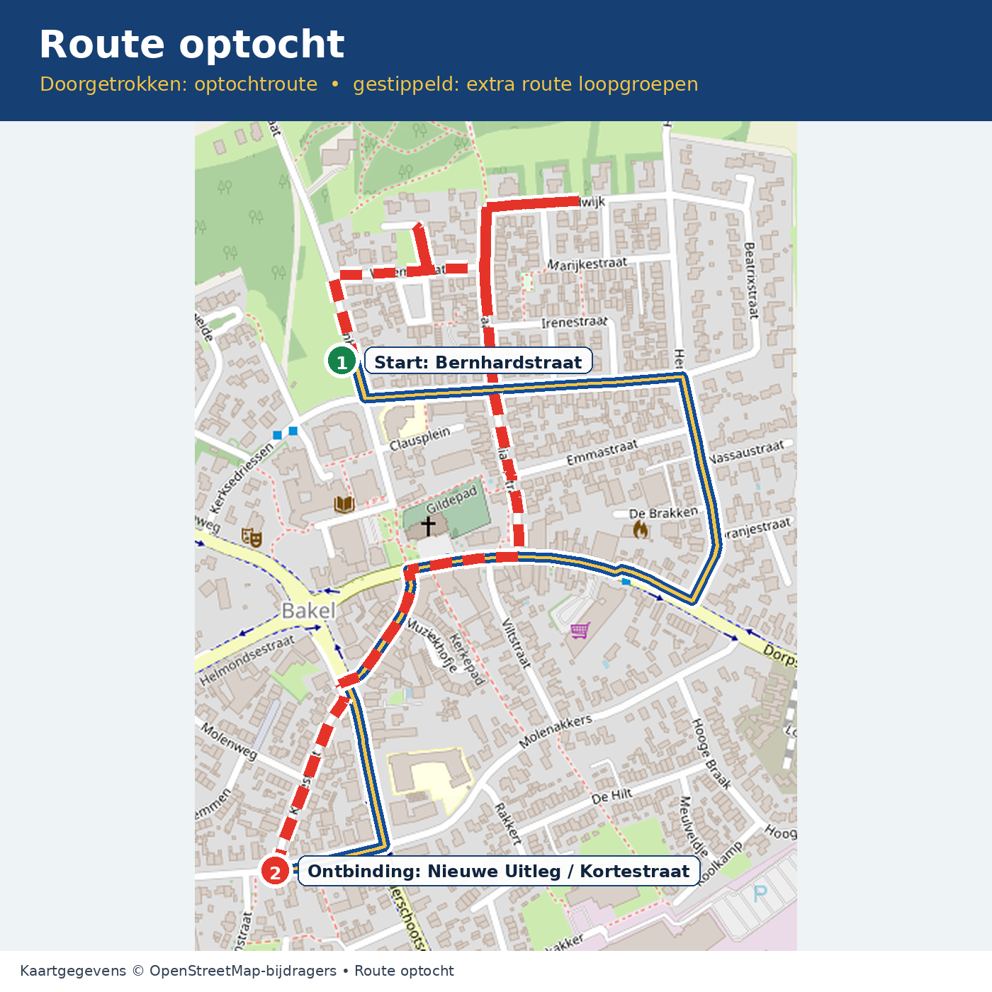 Routekaart van de carnavalsoptocht door Bakel, met de extra teruglooproute voor loopgroepen gestippeld