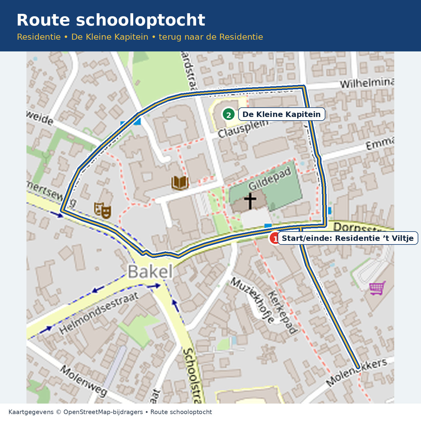 Routekaart van de schooloptocht door Bakel, vanaf de Residentie langs De Kleine Kapitein terug naar de Residentie